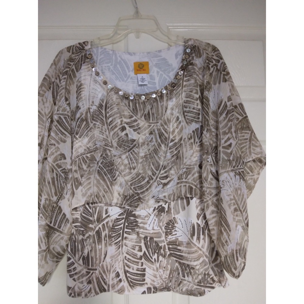 Ruby Red blouse tropical leaf island inspired breezy sheer overlay kimono style